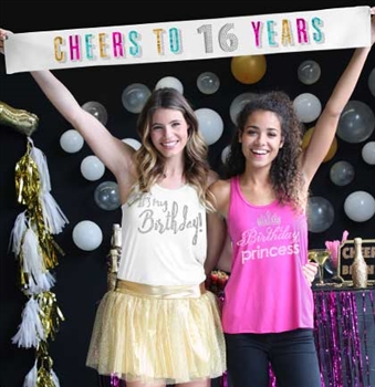 Cheers to 16 Years Multi Foil & Rhinestone Satin Banner